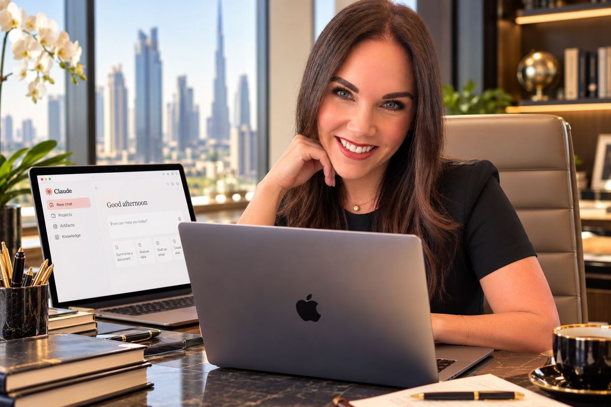 A consultant at her desk overlooking the Dubai skyline with Claude open on a laptop