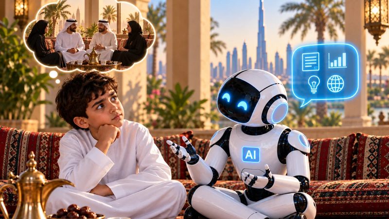 A majlis gathering beside a robot seated in the circle